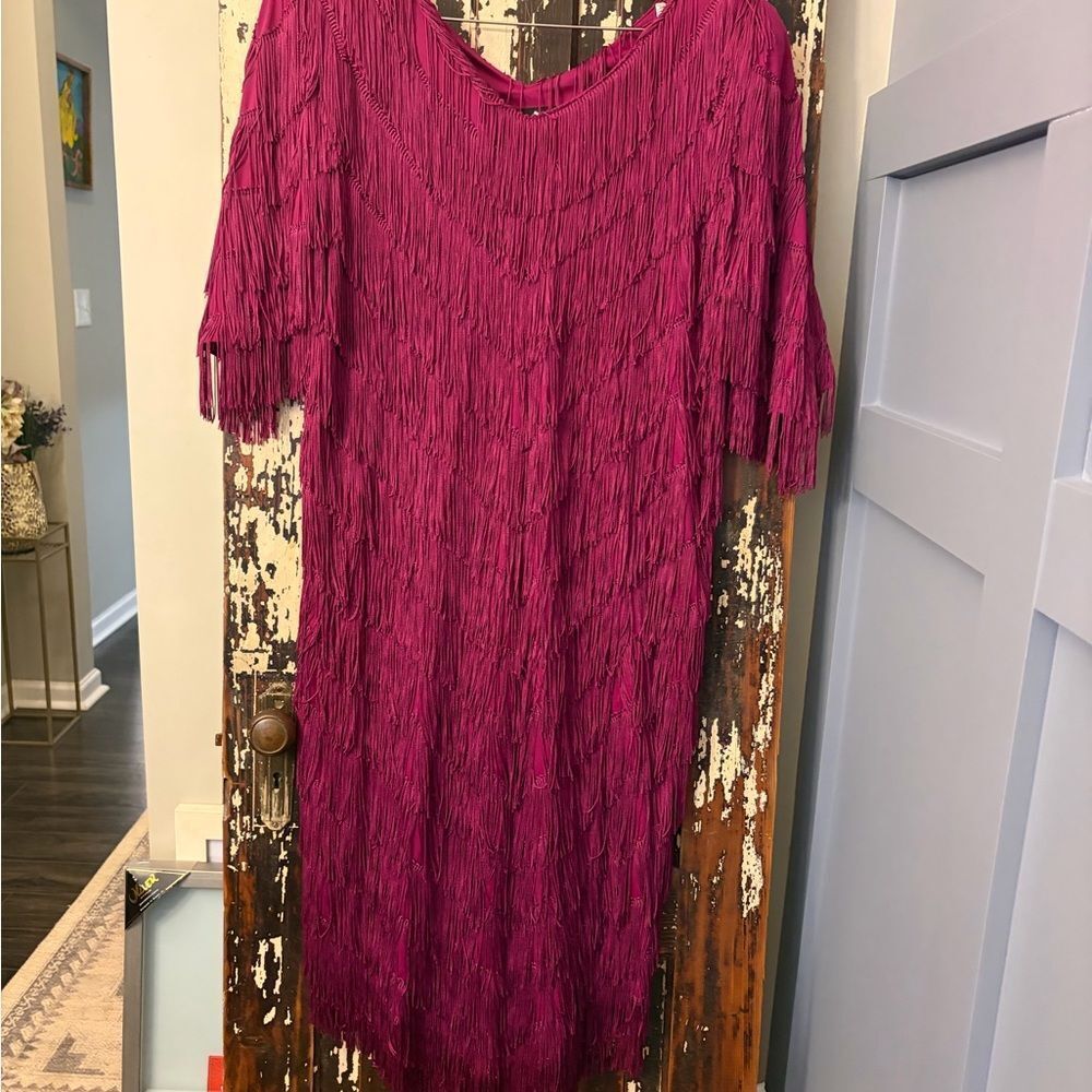 Chez by Tandy vintage Elegant Fringe Magenta Dress. Size 16W. Made in the USA.